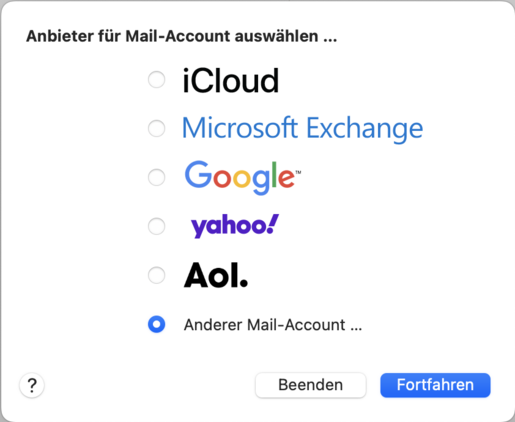 Auswahl des E-Mail-Anbieters